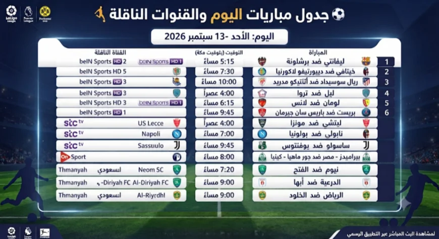 مواعيد مباريات الأحد 13 سبتمبر 2026 والقنوات الناقلة