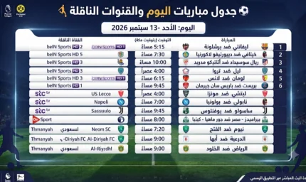 مواعيد مباريات الأحد 13 سبتمبر 2026 والقنوات الناقلة