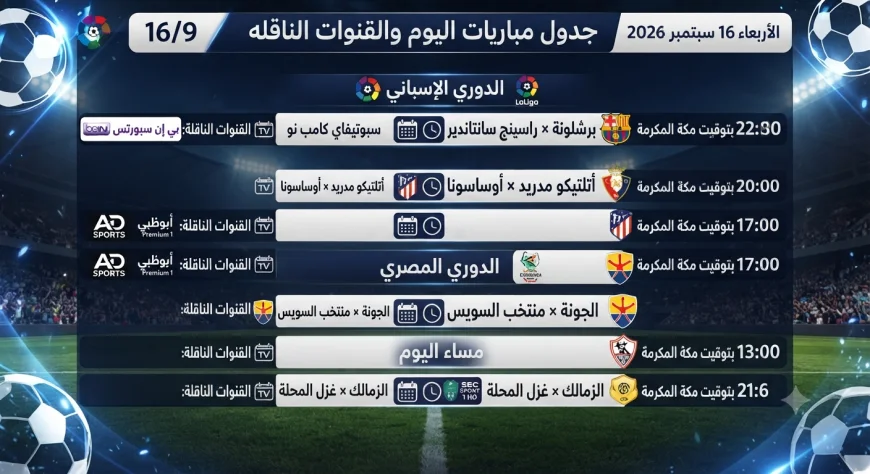 مواعيد مباريات اليوم الأربعاء 16 سبتمبر والقنوات الناقلة