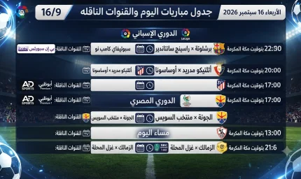 مواعيد مباريات اليوم الأربعاء 16 سبتمبر والقنوات الناقلة