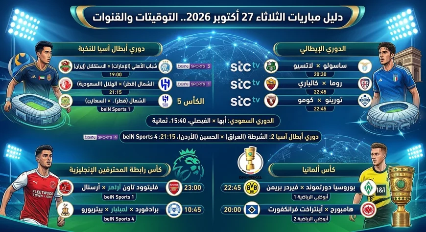 دليل مباريات الثلاثاء 27 أكتوبر 2026.. التوقيتات والقنوات