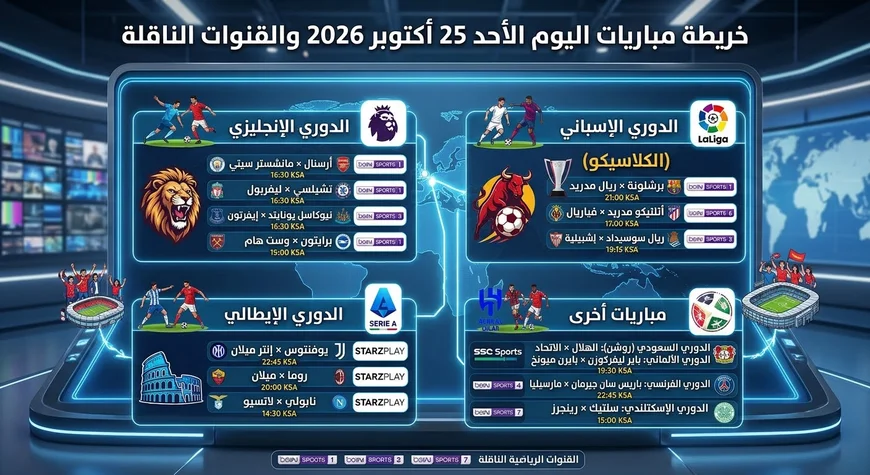 خريطة مباريات اليوم الأحد 25 أكتوبر 2026 والقنوات الناقلة
